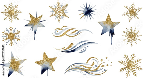A collection of golden glitter and watercolor elements including snowflakes, stars, and abstract swirls