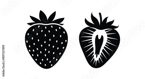 Two strawberry illustrations depicting a whole fruit and a cross section silhouette