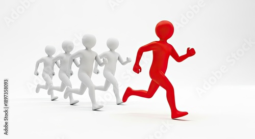 Leadership concept showing a red 3d man leading a group of white ones illustrating standing out and performance