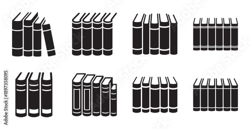 A collection of black silhouette book icons and shelf arrangements