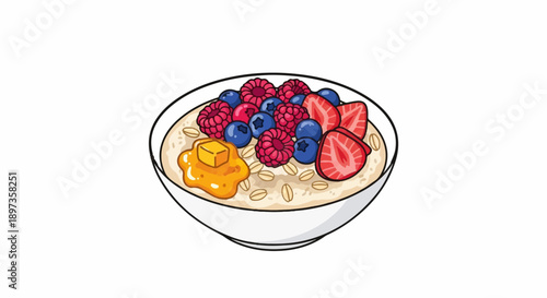 A colorful bowl of oatmeal topped with fresh berries, a dollop of honey, and a pat of butter