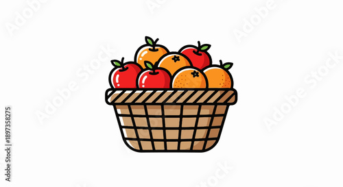 A colorful cartoon illustration of a brown woven basket overflowing with fresh red apples and orange oranges
