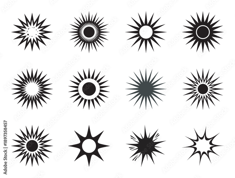 custom made wallpaper toronto digitalA collection of abstract black starburst and sun symbols in various designs on a white background