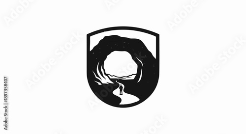A minimalist black and white shield emblem showing a person on a winding path to a natural archway