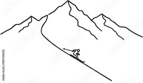 A minimalist black and white line drawing showing a person skiing down a steep mountain slope