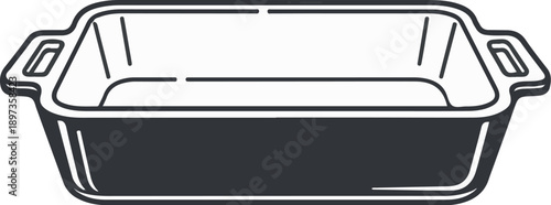 A minimalist black and white vector illustration of a rectangular baking pan with handles, seen from above