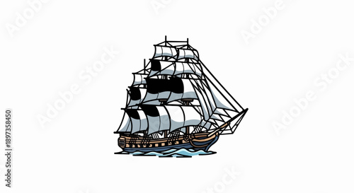 A colorful cartoon-style illustration of an old majestic sailing ship with multiple masts and sails on water