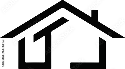 A minimalist black line art icon of a house with a prominent roof and chimney, on a white background