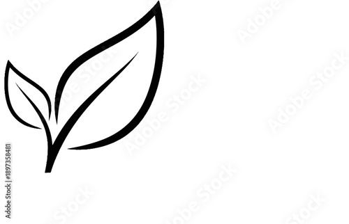 A minimalist black outline drawing of two leaves, one larger and one smaller, growing from a single stem
