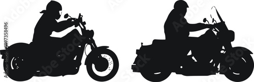 Motorcycle rider silhouettes cruising, classic chopper and touring bikes, freedom road travel, biker lifestyle, adventure, speed, transportation concept, vector illustration
