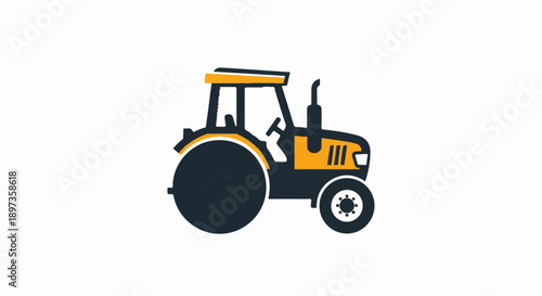 A minimalist flat design icon featuring a dark gray and yellow tractor on a clean white background