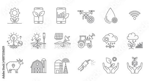 Set of smart farming and agriculture technology icons.