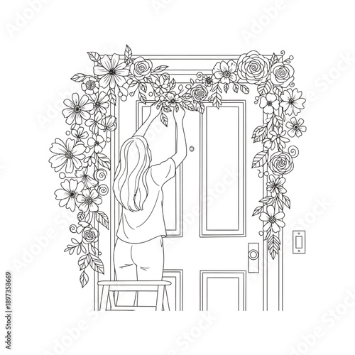 Woman Decorating a Doorway with a Garland of Flowers and Leaves Line