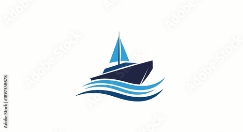 A minimalist graphic illustration featuring a dark blue sailboat with a light blue sail, riding stylized waves