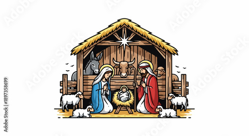 A colorful illustration of the nativity scene with Mary, Joseph, baby Jesus, animals, and a star in a stable