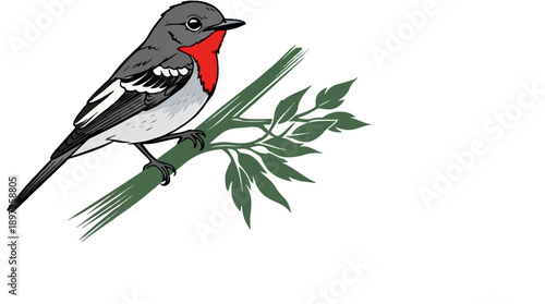 A colorful stylized bird with a red throat and gray plumage perches on a green leafy branch illustration