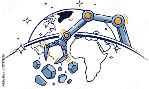 A robotic arm removes space debris or asteroids from orbit around a stylized Earth illustration