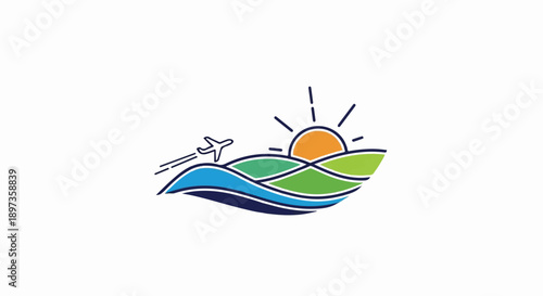 A colorful stylized graphic showing an airplane flying over hills and water with a rising sun