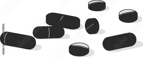 A minimalist illustration featuring a scattering of dark gray capsules and tablets on a white surface