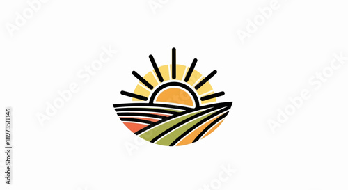 A colorful, stylized illustration of a rising sun over layered, undulating agricultural fields