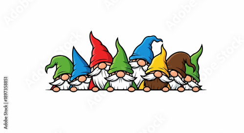 A row of cheerful cartoon gnomes with colorful hats and white beards peeking over a line, white background