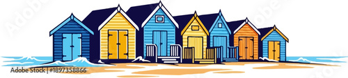 A row of colorful beach huts in pixel art style, on a sandy beach with gentle blue ocean waves and foam