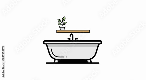 A minimalist illustration of a bathtub with a faucet, a wooden shelf, and a small potted plant above