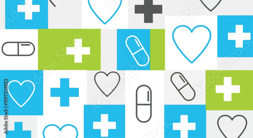 Medical health vector pattern with blue, green crosses, hearts, and capsule pills on white background for healthcare design