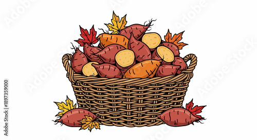 A rustic woven basket filled to the brim with sweet potatoes and colorful autumn leaves, against white