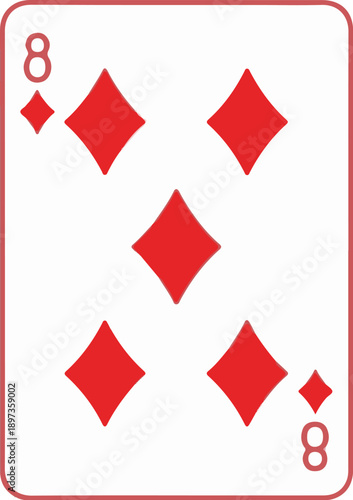 A minimalist illustration of an eight of diamonds playing card, featuring red symbols on a white background