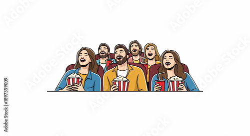 A diverse group of animated people laughing heartily in a theater, enjoying popcorn and drinks