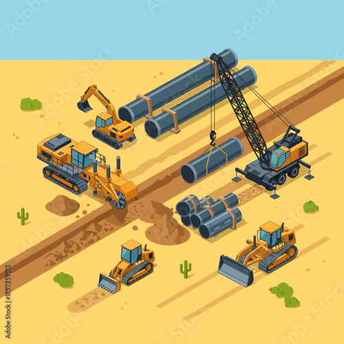 Heavy machinery and equipment working on pipeline construction in a desert landscape.