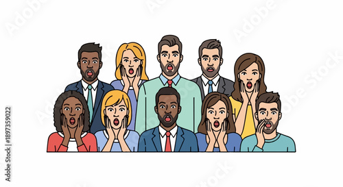 A diverse group of men and women, with various skin tones and hair colors, express shock