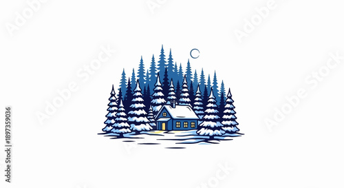 A cozy blue house nestled in a snowy forest of pine trees under a partial moon, emitting warm light