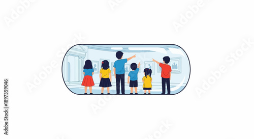 A diverse group of adults and children are observing framed artworks displayed on walls inside a museum or gallery