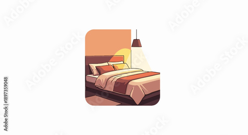 A cozy bedroom illustration with a large bed, pillows, blankets, and a warm hanging lamp
