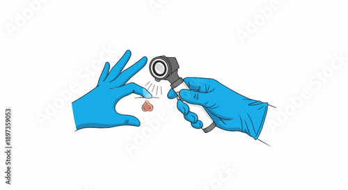 A doctor's gloved hands examine a patient's nose with an otoscope, spraying a medical solution
