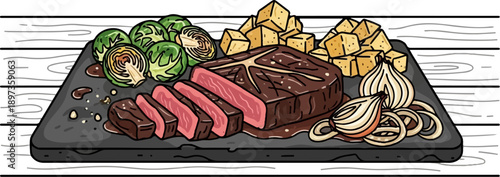 A savory meal featuring sliced steak, Brussels sprouts, cubed potatoes, and onions on a dark platter