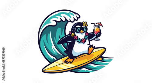 A cool cartoon penguin in sunglasses and a lei surfing on a wave, holding a tropical drink