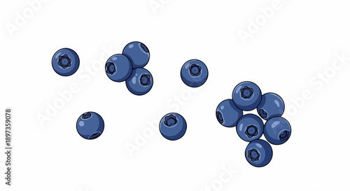 A scattering of fresh, round, purple-blue pixel art blueberries on a clean white background