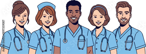 A diverse team of five medical professionals, wearing blue scrubs and stethoscopes, smiling