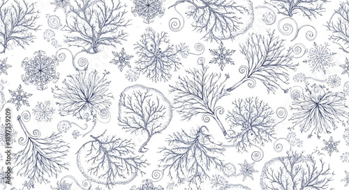 A seamless blue and white pattern with intricate branching designs, delicate snowflakes, and swirling winter motifs