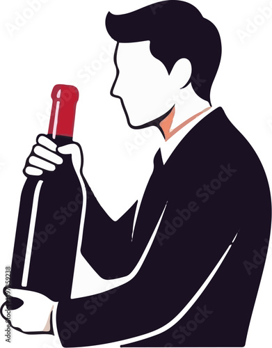 A faceless man in a suit holds a red wine bottle, examining it. Simple illustration