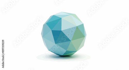 A faceted, low-poly geometric shape with teal and green hues, casting a soft shadow on white