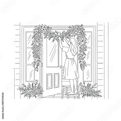 Woman Decorating a Doorway with Floral Garlands