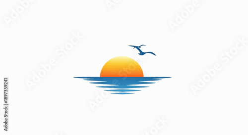 A serene illustration featuring a golden sun setting over tranquil blue ocean waves with two birds flying