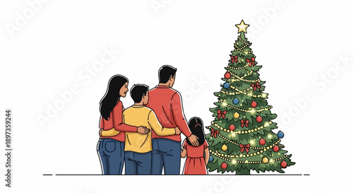 A family of four, including parents and children, admiring a beautifully decorated Christmas tree