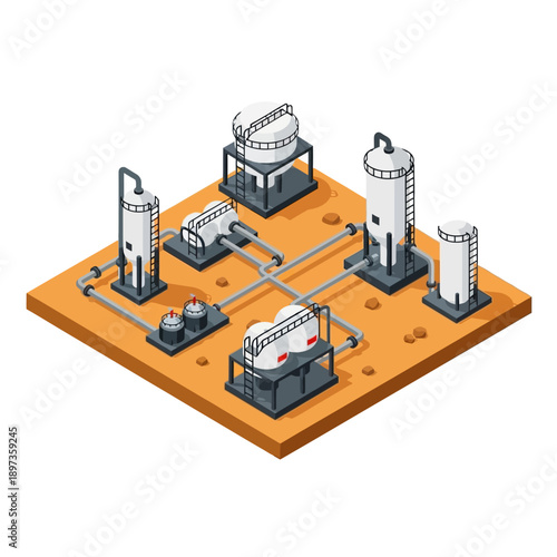 Industrial complex with storage tanks and pipelines isometric view.