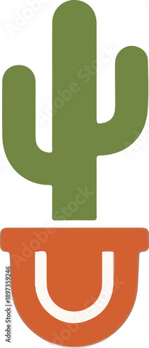 A minimalist, stylized green cactus with three arms, growing from an orange semi-circular pot with a white rim