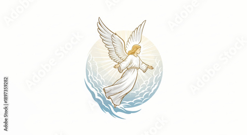 A serene illustration of an angel with golden hair and large white wings, gracefully ascending through clouds amidst a halo of light